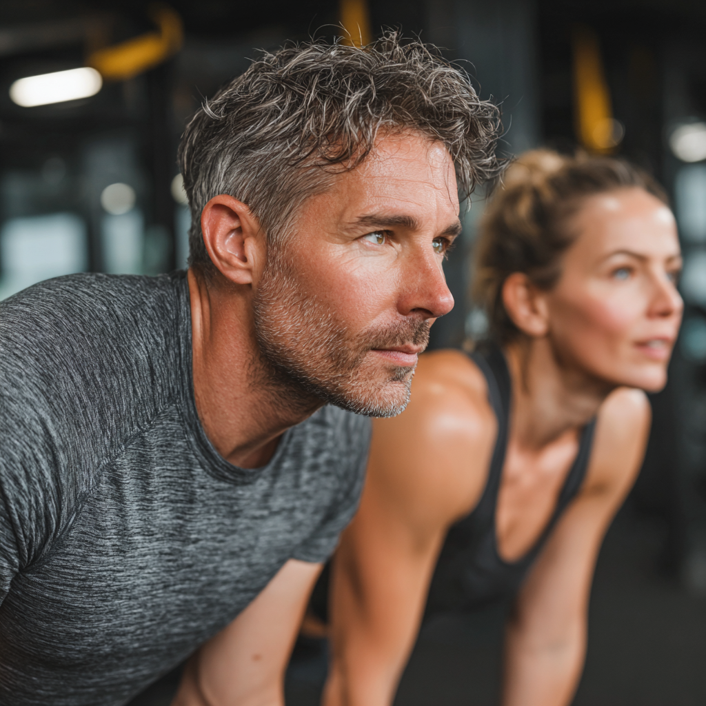 Active middle-aged man and woman in their 40s exercising together in a modern gym, demonstrating functional fitness movements with focused expressions